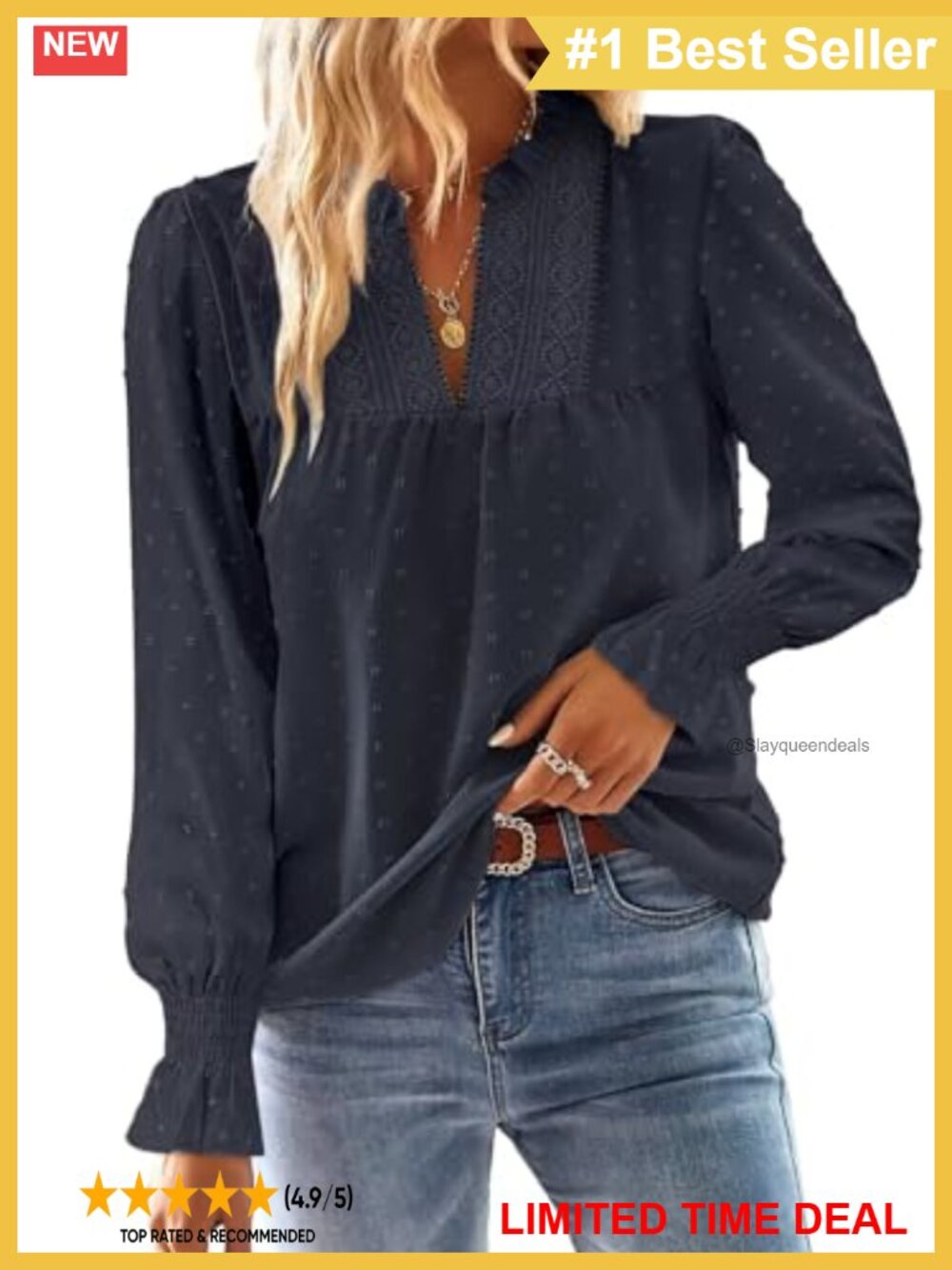 Womens V-Neck Crochet Lace Swiss Dot Long Sleeve Blouse Flowy Casual Top
